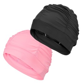 YELARXI Fabric Swim Cap Polyester Swimming Hat Elastic Swimming Cap, Fit for Women and Men Adult Long Hair (2Pcs, Black/Pink)