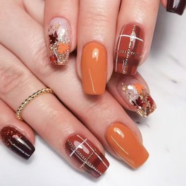 Square Medium Nail Press ons Fall Fake Nails Acrylic Press on Nails Women Glue on Nails Maple Leaves Glitter Lattice Designs Autumn Manicure Red Orange Stick on Nails for Girls 24Pcs