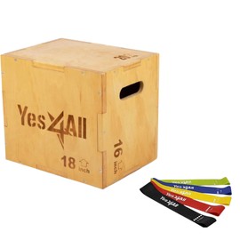 Yes4All 3 in 1 Wooden Plyo Box, Plyometric Box for Home Gym and Outdoor Workouts, Available in 4 Sizes - 20"x18"x16" + Resistance Band