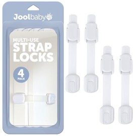 Jool Baby - Correa de seguridad ajustable para gabinetes, cajones, electrodomésticos, inodoros y nevera, calcomanía 3M, Casual, Blanco, Paquete de 4