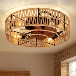 vookea 2-in-1 Low Profile Ceiling Fan with Light, 20” Caged Boho Safety Design for Kids - 3000K, Smart APP/Remote Control, Quiet Flush Mount DC Motor, Ideal for Bedroom/Kitchen Farmhouse Style