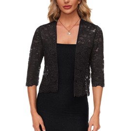 MINTLIMIT Open Front Cardigan Women Lace Bolero Jackets 3/4 Sleeve Shrugs Casual Elegant (Black L)