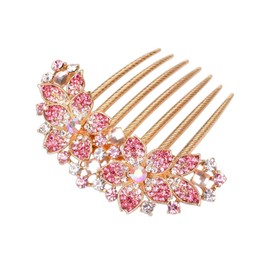Women's Hair Comb with Inlaid Flowers and Rhinestones, Bridal Hair Accessories, Hair Side Comb for Girls, Gift (Pink)