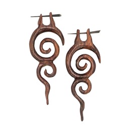 81stgeneration Long Brown Wooden Spiral Dangle Earrings with Stick Posts - Tribal Handmade Wood Boho Earrings for Women and Men - Natural Boho Beach Jewellery - Hippie Festival Goth Accessories