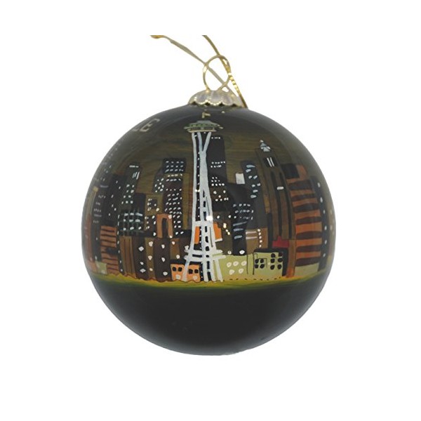 Hand Painted Glass Christmas Ornament - Seattle, Washington Skyline Night