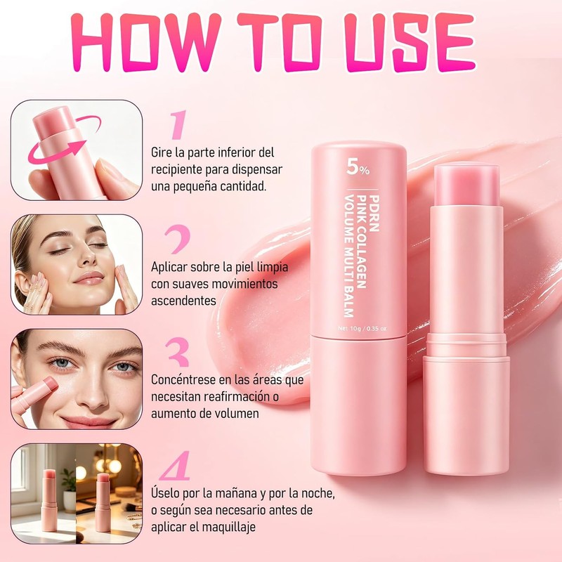2PC Pdrn Pink Collagen Volume Multi Balm Stick, Hidratante,Reafirma