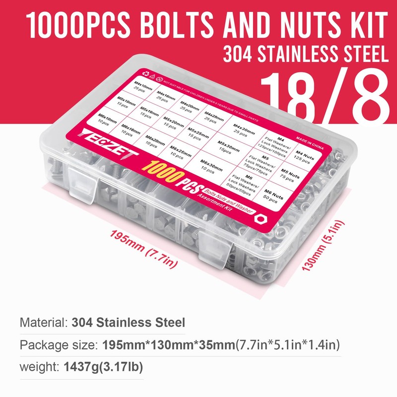 YEEZET 1000pcs M4 M5 M6 Bolts and Nuts Washers Assortment