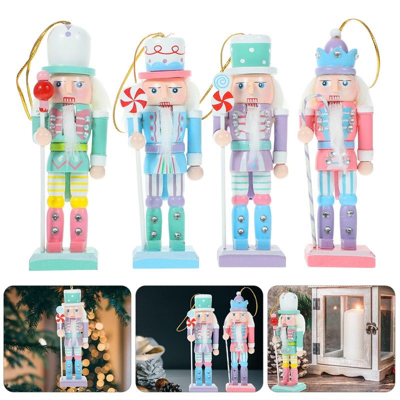 Toyvian Christmas Candy Nutcracker Ornaments, 4pcs Pink Candy Cane Wooden