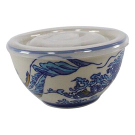 Ebros Pack of 2 Ceramic Lunch or Dinner 2 Cups Size Bowls with Airtight Seal Storage Lid 5" Dia Take Out to Go Meal Planning Refrigerator Microwave Dishwasher Safe (Blue Hokusai Great Wave)