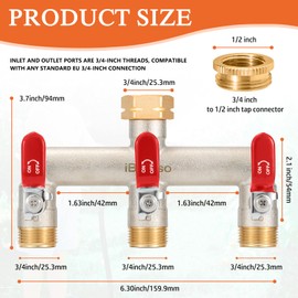 iBamso 3-Wege Verteiler, 3/4 Zoll Großer Durchfluss Wasserverteiler aus Vernickeltem Messing, Größer Ausguss Wasserverteiler, Gartenschlauch Wasserhahn-Anschluss für Haus und Garten - Rot Metallgriff