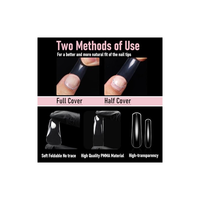 Uñas postizas cuadradas curvas Wellquinn, cobertura total, extra curvas, transparentes,