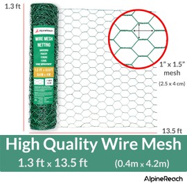 AlpineReach Chicken Wire 1.3ft x 13.5ft (15.6" x 162") for Floral Arrangements with Zip Ties - Green Mesh Galvanized Hexagonal PVC Coated Garden Netting for Fencing, Crafts, Poultry, Gardening Fence