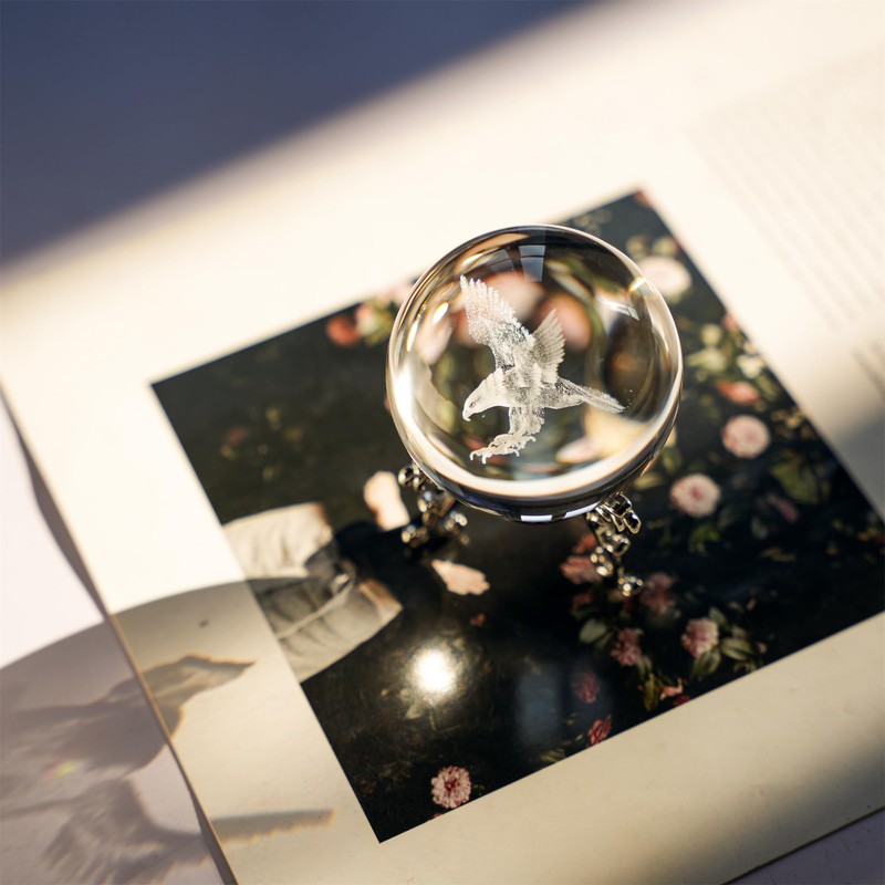 HDCRYSTALGIFTS Engraved Eagle Crystal Ball Paperweight with Stand 60mm 3D
