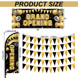 Fanfanwin 7 ft Black and Gold Grand Opening Banner with Pole Kit Advertising Feather Flag Decorations Grand Opening Store Sign Triangle Flags Set for Business Event Bar Restaurant Grocery Cafes Shop