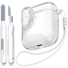 MHYALUDO Compatible with Airpods Case Cover with Secure Lock, Compatible with Airpods 1st/2nd Gen (2016/2019), Clear Soft Shockproof Case with Lanyard Cleaning Pen,White