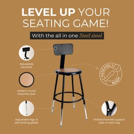 OEF Furnishings Height Adjustable EasyBuild Stool with Backrest – Heavy-Duty 18-Gauge Steel, Round Masonite Seat, Adjustable Backrest & Height, Welded Footrest – 19"-27" Stool Seat Height, Black