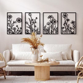 Black Metal Flowers Wall Decor: Elegant Floral Wall Art Sculptures for Bedroom, Bathroom, and Living Room - Set of 4, 12 x 17 in each