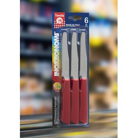 Inoxbonomi 6 kitchen Knives - 4.3"/11cm Italian Stainless Steel Serrated Vegetable/Steak/Table Knife Cutlery, Rounded Tip (Red Handle)