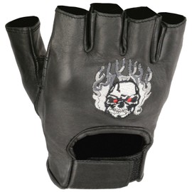 Shaf International Fingerless Leather Gloves with Fire Skull Embroidery (Black, Small)