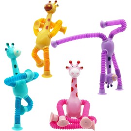 Pop Tube Giraffe Toy, 4 Pcs Telescopic Suction Cup Giraffe Toy, Stretchy Giraffe Suction Toy, Pop Tube Fidget Toys, Fidget Tubes Sensory Toys Easter Basket (4 Pcs Giraffe Toys)