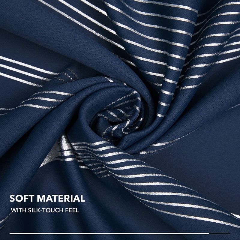 Deconovo Blackout Grommet Silver Curved Wave Pattern Printed Curtains, Navy