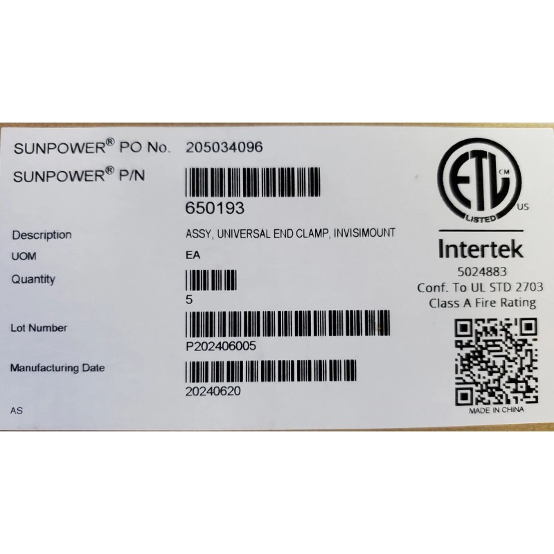 SunPower No. 205034 End Clamp, Wedge, InvisiMount Assembly. Quantity 1