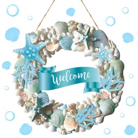Wesiti Winter Welcome Wooden Coastal Shell Wreath Beach Cabinet Decor Coastal Wreath for Front Door Starfish and Seashells for Winter Porch Outdoor