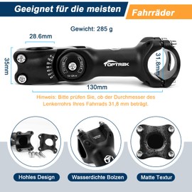 toptrek Bicycle Handlebar Stem, Handlebar Riser Bicycle 31.8 mm, 130 mm Bicycle Handlebar Aluminium, Handlebar Stem Adjustable ± 60° Adjustable, Bicycle Handlebar Raiser Hexagonal Hole Design for MTB,