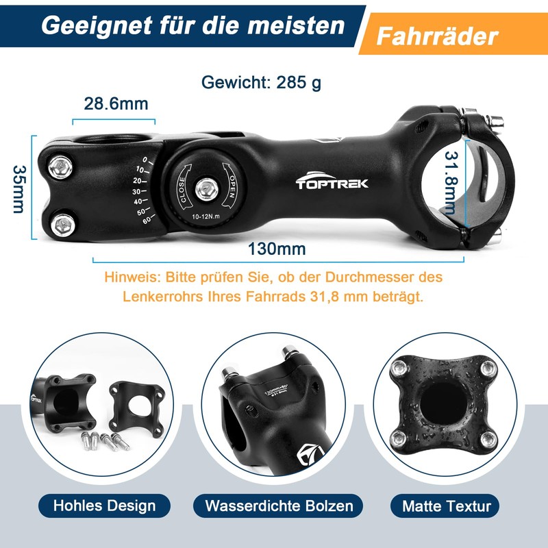 toptrek Bicycle Handlebar Stem, Handlebar Riser Bicycle 31.8 mm, 130