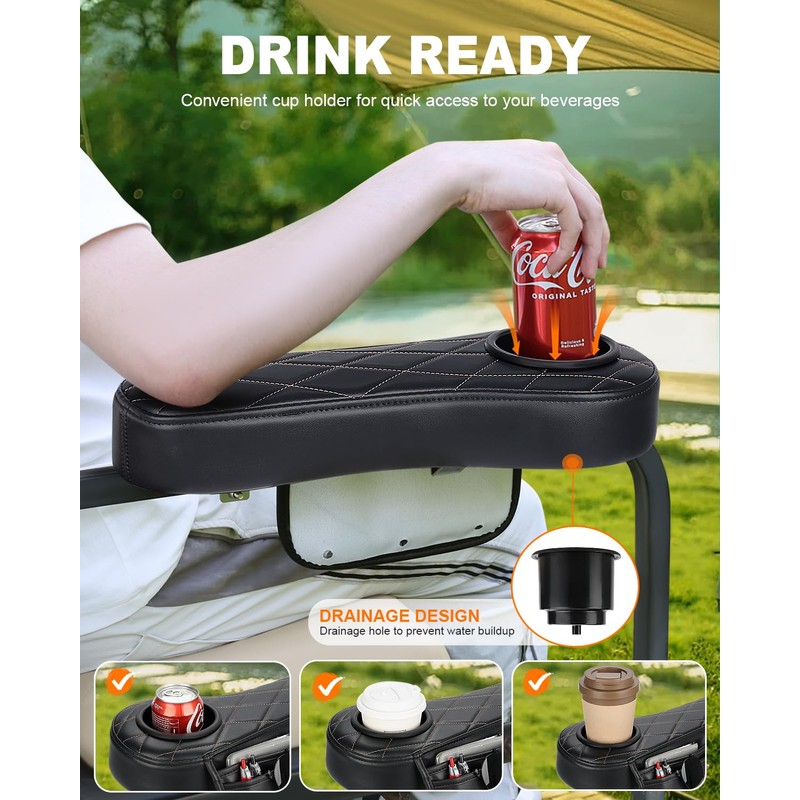 Golf Cart Armrest with Cup Holder & Rear Seat Organizer,