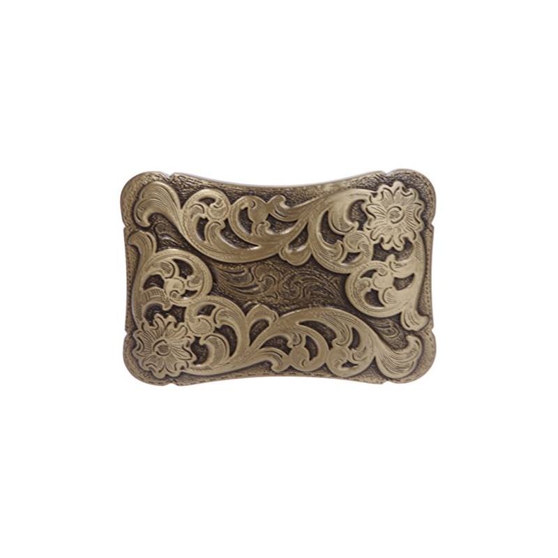Western Solid Brass Engraved Rectangular Belt Buckle, Antique Brass