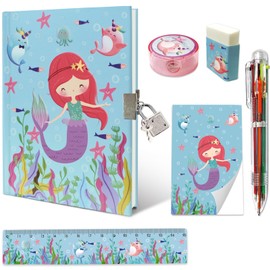 Set of Secret Diary for Girls, 6Pcs Gifts Stationery Set for Girls incl. Mermaid Diary with Lock 6 Multicolor Pen Memo Ruler Eraser Sharpener Kids Notebook for Girls Birthday Presents Age 5-10 Year
