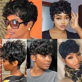 Iianaebeh Bob Wig Human Hair Short Pixie Cut Wigs for Black Women - None Lace Front Glueless Pre-Plucked Short Curly Wigs with Bangs, Daily Use Natural Black 1B Color