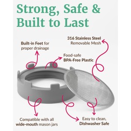 Elementi Sprouting Lids for Mason Jars (Set of 2), Wide Mouth Mason Jar Strainer Screen Lids for Sprouting Kit, 316 Stainless Steel Mesh (Grey)