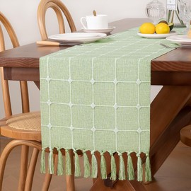 MLMC Embroidered Lattice Table Runner with Fringe 13"x 36" Rustic Plaid Farmhouse Table Runners Checkered Runner for Dinning Coffee Table Decor, Sage