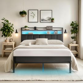CLIBFENG Queen Bed Frame with Headboard,Classic Metal Platform Bed Frame-LED Bed Frame with USB Charging Station,Mattress Foundation-Under Bed Storage,No Box Spring Needed,Noise Free