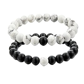 ISHOW His and Hers Couple Yin Yang Bracelet Black Matte Agate & White Howlite 8mm Beads Bracelet (2pcs)