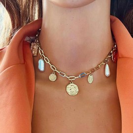 Gold Pearl Charm Necklace for Women Baroque Pearl Necklace Vintage Coin Moon Heart Pendant Necklace Chunky Gold Paperclip Chain Necklace Pearl Statement Necklace for Women Men Trendy Jewelry (Gold A)