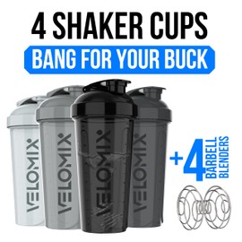 VELOMIX -4 Pack- 28 oz Protein Shaker Bottles for Protein Mixes - 4x Wire Whisk | Leak Proof Shaker Cups for Protein Shakes | Protein Shaker Bottle Pack (Silver Mix)