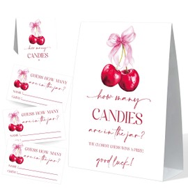 How Many Candies In The Jar Baby Shower, Cherry Sign and 50 Cards, Baby Shower Game, Gender Reveal Games, Gender Reveal Neutral Decorations, Centerpiece Party Decor, Gender Neutral Baby Gift,12