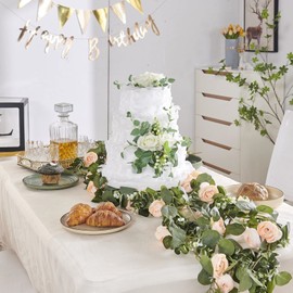 PONKING Flower Garland, Artificial Rose Flowers with Green Leaves, Hanging Fake Roses for Room Anniversary Wedding Birthday Christmas Wall Arch Decor, 2 Vines Champagne Floral Garland