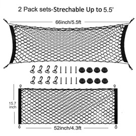 2pcs Truck Bed Cargo Net for Pickup, 52''- 66'' Heavy Duty Envelope Trunk Cargo Storage Organizer Mesh Net Truck Bed Accessories for Ford F150 Chevy Silverado WT LS LTZ GMC Sierra (4.3ft-5.5ft)