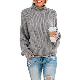 Dokotoo Womens High Neck Sweaters Batwing Long Sleeve Solid Fashion Casual Ladies Loose Basic Chunky Knitted Pullovers Sweaters Jumper Outerwear Gray Large