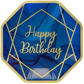 Anniversary House Happy Birthday Paper Dinner Plates, Navy Blue & Gold Geode Birthday, Disposable Paper Party Plates, 23cm (9"), Pack of 8, J125