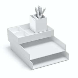 Poppin Super Stacked Desk Set - White, Two Letter Trays, Accessory Tray, Silicone This + That Tray, Double-Compartment Pen Cup and 6 Signature Ballpoint Pens, Complete Office Organizer Set
