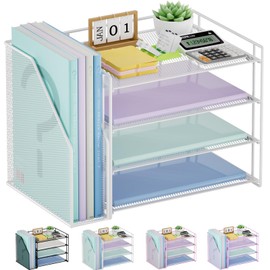 Marbrasse Desk Organizer and Accessories，4-Tier Paper Letter Tray Organizer with File Holder，Desk Accessories & Workspace Desktop Organizers for School Home Office Desk Supplies (White)