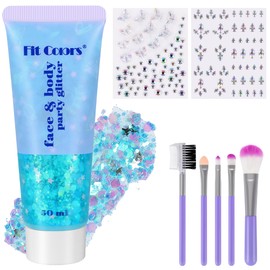 50ml Body Glitter Gel Blau mit 2x Glitzersteine Selbstklebend und Pinsel, DIY Glitzer Strasssteine Gesicht Festival, Sequins Chunky Glitter Gel und Festival Steine für Make Up, Gesicht, Körper