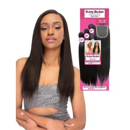 Janet Collection REMY ILLUSION New Yaky Straight 3PC 4x4 Free Part - Virgin Hair Dupe (14x16x18, Medium Auburn 30)