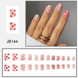 Valentines Day Press on Nails Short Square Fake Nails with Heart Design Nude False Nails Full Cover Acrylic Artificial Nails Glossy Glue on Nails Stick on Nails for Women Manicure Decoration 24Pcs