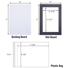 Acid Free 5 Pack 5x7 Pre-Cut Mat Board Show Kit for 4x6 Photos, Prints or Artworks, 5 Core Bevel Cut Matts and 5 Backing Boards and 5 Crystal Plastic Bags, Black
